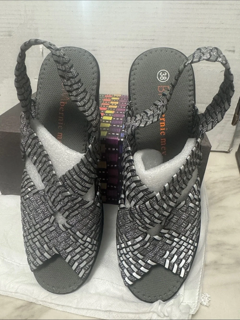 bernie mev. Metallic Woven Slingback Wedges - Silver Black